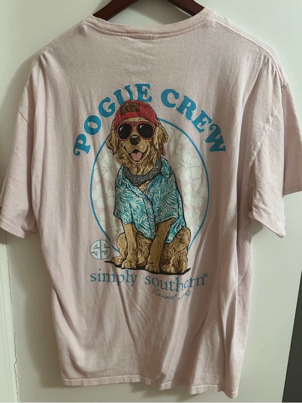 Simply Southern Light Pink Pogue Crew Dog Graphic Tee with Turquoise Accents